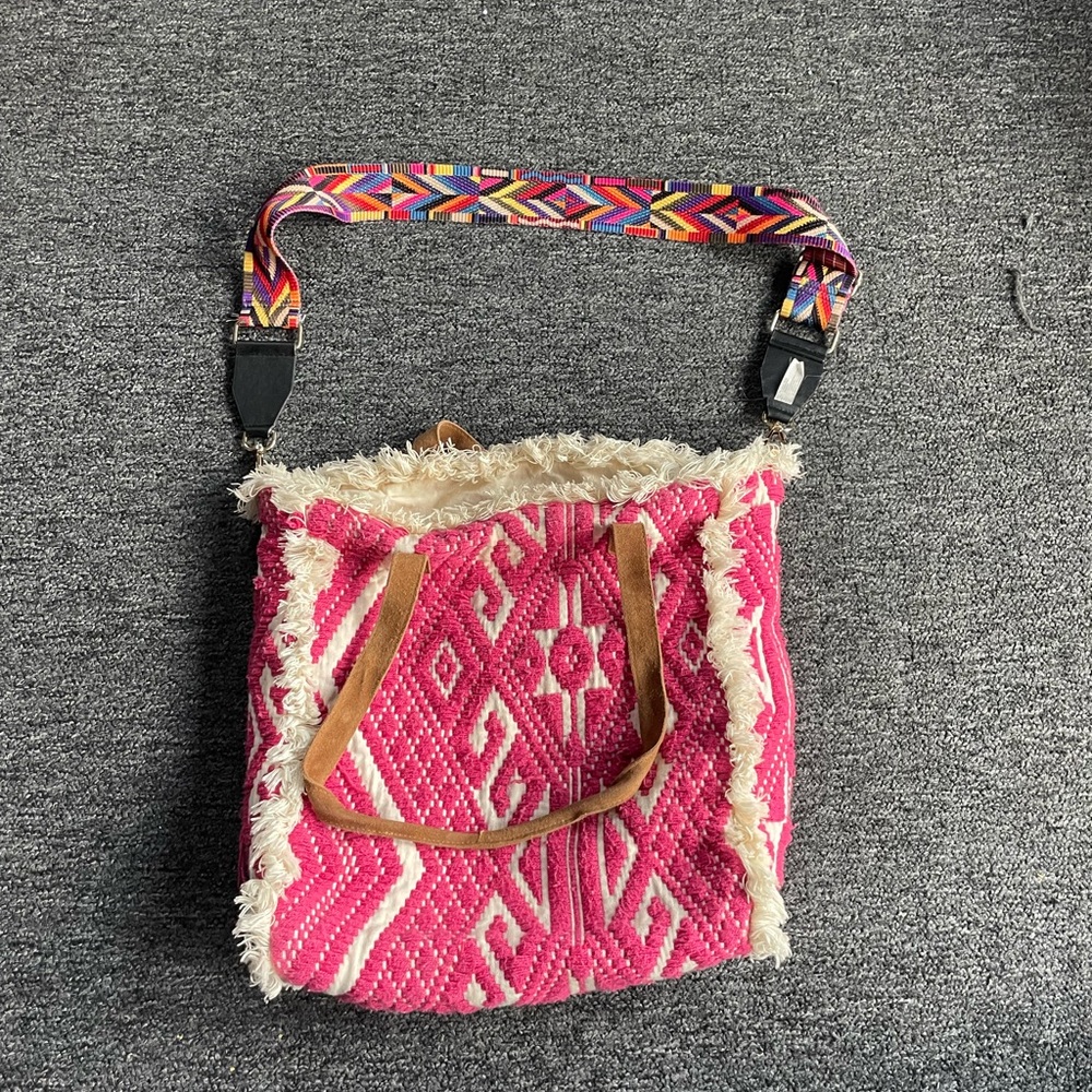 Raj Imports Boho Pink and Tan Geometric Shoulder Bag with Fuzzy Trim and Fringe
